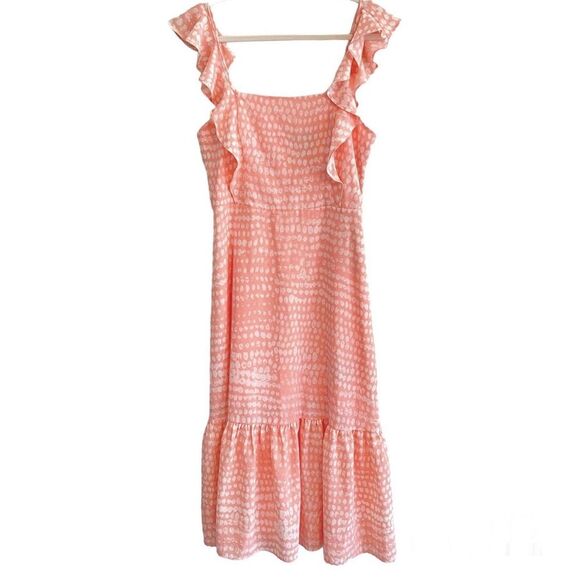 BCBG Paris Peach Pink Ruffle Dot Print Midi Dress Size Medium - Picture 4 of 15